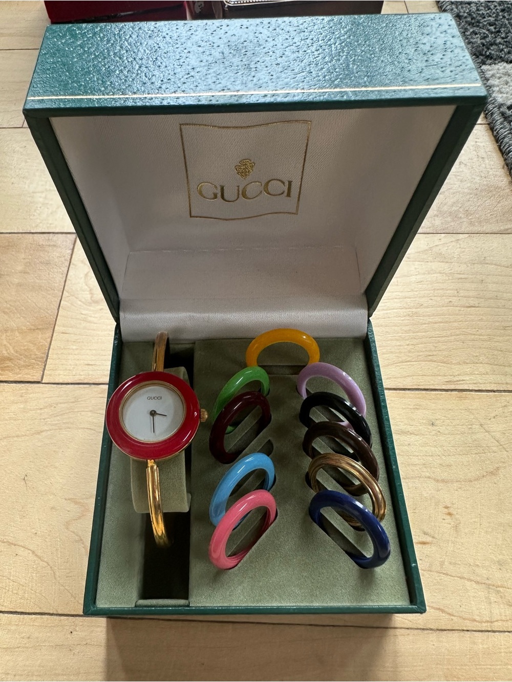Authentic Vintage Gucci Gold Bangle Watch with Interchangeable Colored Bezels